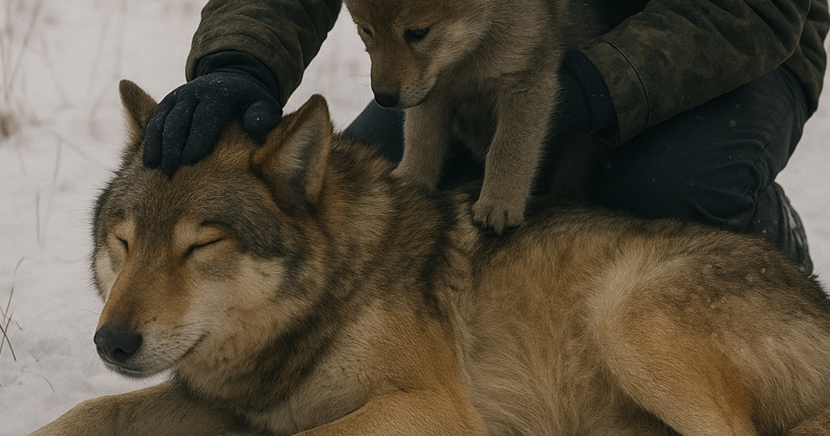 Une louve et son petit dans la neige