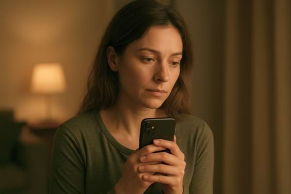 Femme regardant son t&eacute;l&eacute;phone avec une expression s&eacute;rieuse