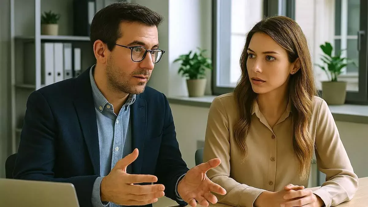 Deux femmes discutant dans un cadre professionnel, l'une semble &agrave; l'&eacute;coute