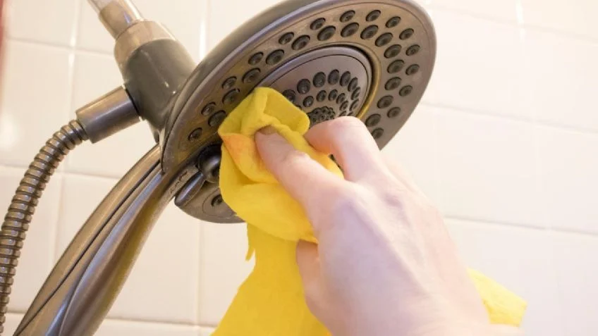 Pommeau de douche trempant dans un sac de vinaigre