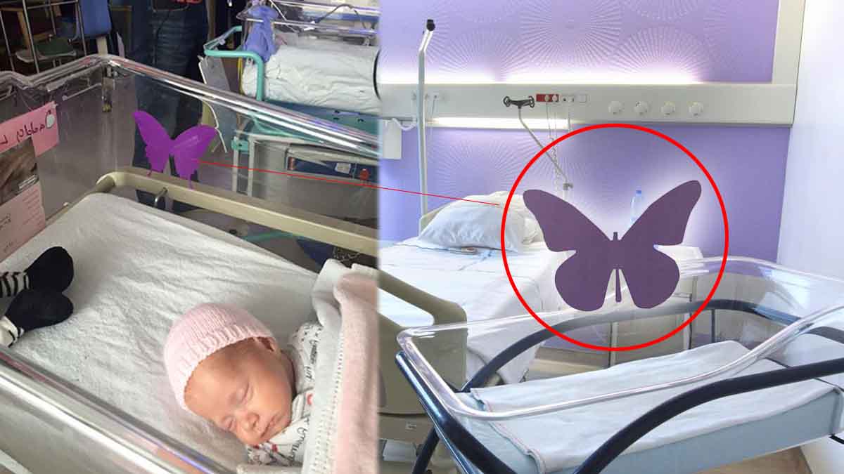 Autocollant papillon violet sur couveuse de nouveau-né