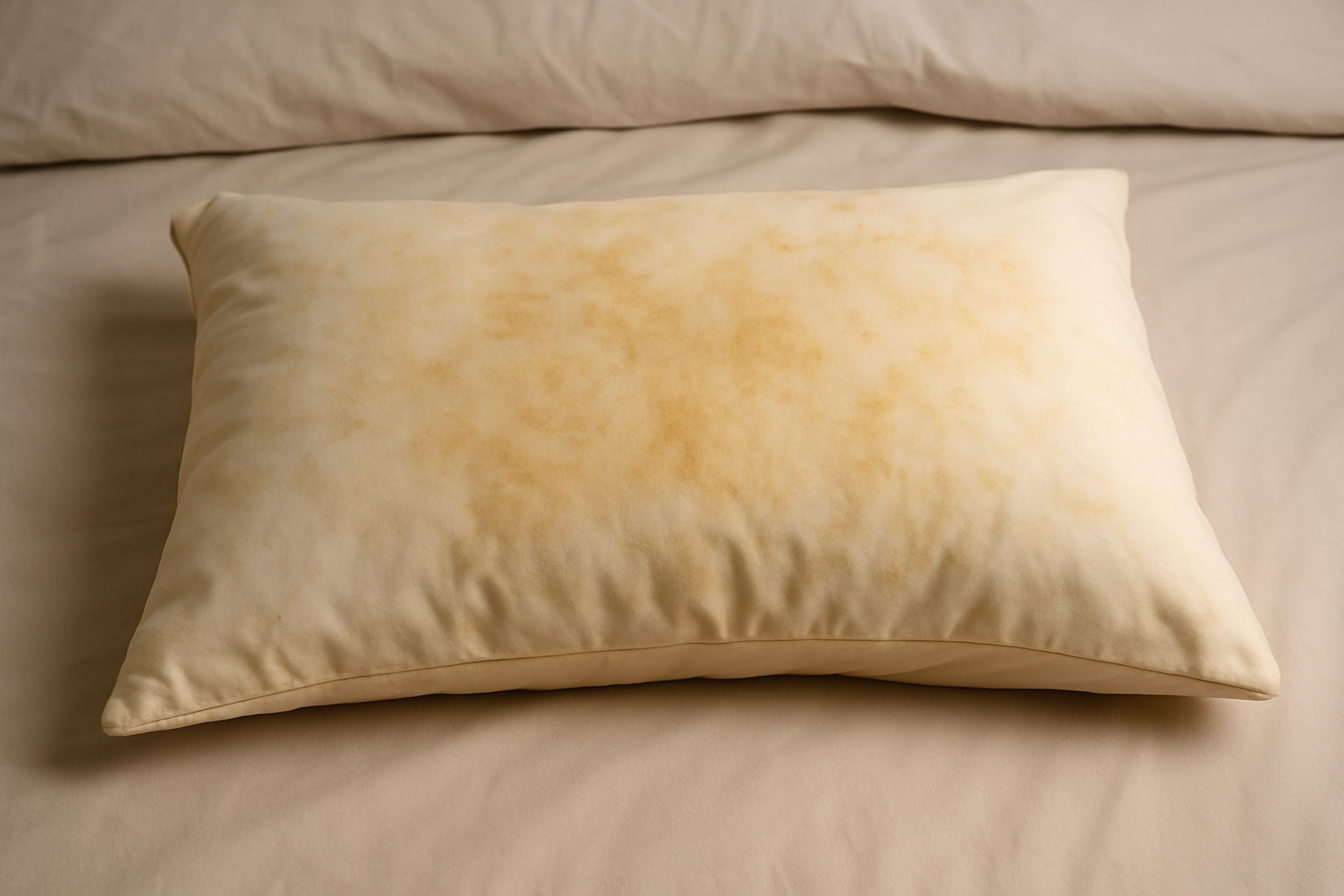 D&eacute;tail d'un oreiller jauni &agrave; c&ocirc;t&eacute; d'une bouteille d'eau oxyg&eacute;n&eacute;e et d'une brosse