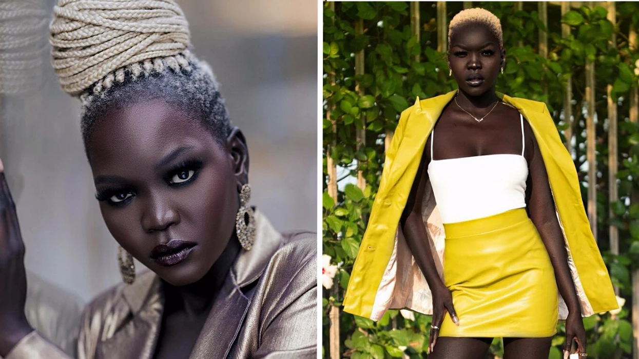 Nyakim Gatwech posant avec assurance en tenue moderne