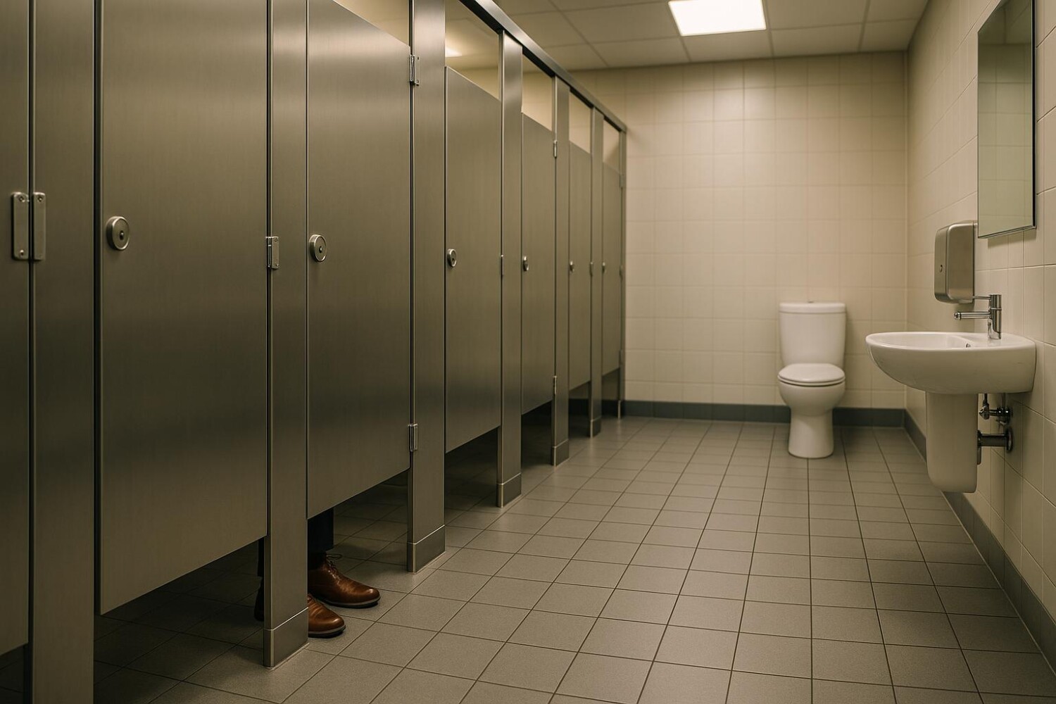 Porte de toilettes publiques avec espace au sol montrant des raisons de sécurité, d'odeurs et de coûts